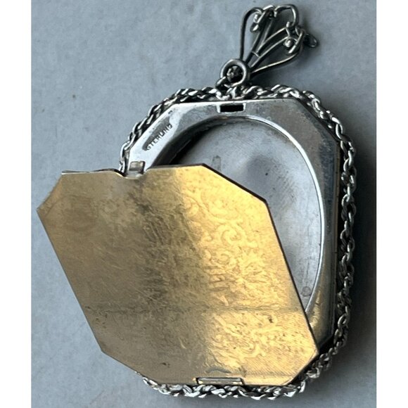 Antique Art Deco Sterling Guilloché Silhouette Locket Pendant 1920s Sterling - Picture 2 of 6